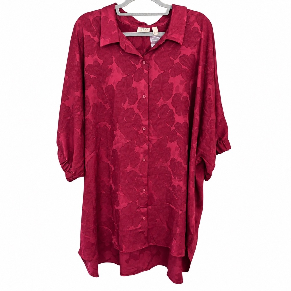 LOGO Womens 3X Tunic Blouse Magenta Pink Floral Jacquard Button Front Romantic